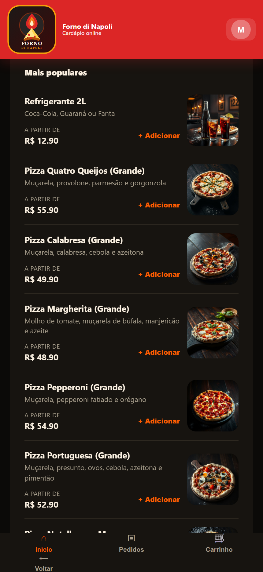 Cardápio digital do Forno di Napoli no celular